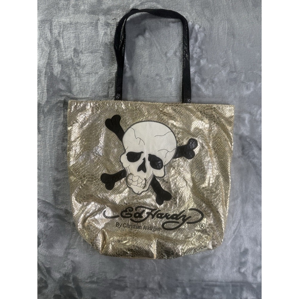 *Rare* Y2K ED HARDY By Christian Audigier Gold Foil SKULL Faux Snake TOTE BAG